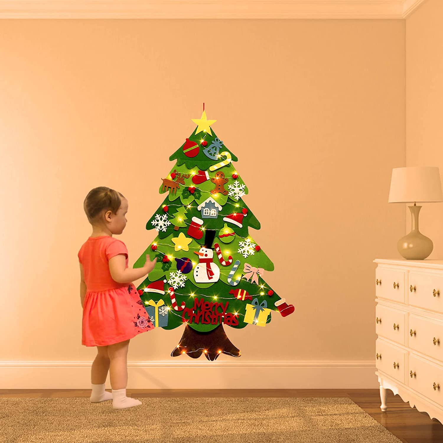 DIY Lighted Felt Christmas Tree Set Xmas Decorations Wall Hanging 32 Ornaments Kids Gift with String Light (Batteries Not Included)