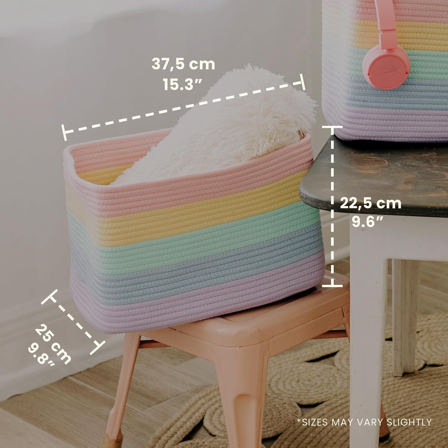 Organihaus Set of 3 Cute Rainbow Storage Basket for Toys & Cloths | Cotton Rope Basket for Decor | Shoe Basket Organizers & Storage | Decorative Storage Baskets & Bins | Woven Baskets for Storage image number 2