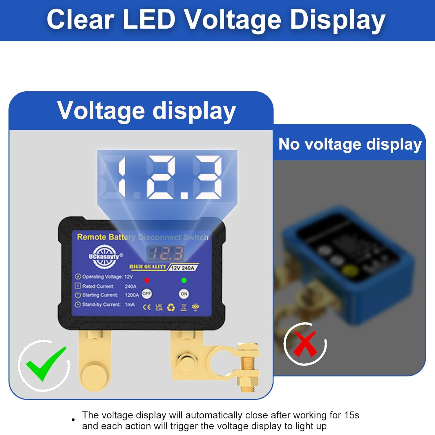 Kill Switch 12V 240A Battery Disconnect Switch with Led Voltage Display Anti-Theft Battery Isolator Switch for Car Rv Truck Boat