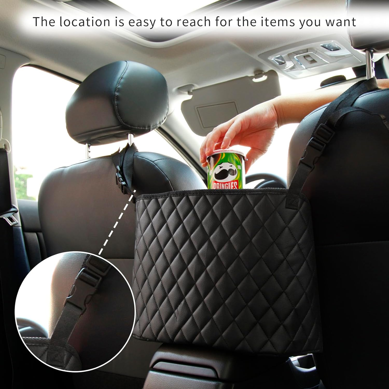 Car Net Pocket Handbag Holder，Purse Holder for Car between Seats，Leather Seat Back Organizer Mesh Large Capacity Bag，Handbag between the Two Seats of the Car - Black image number 5