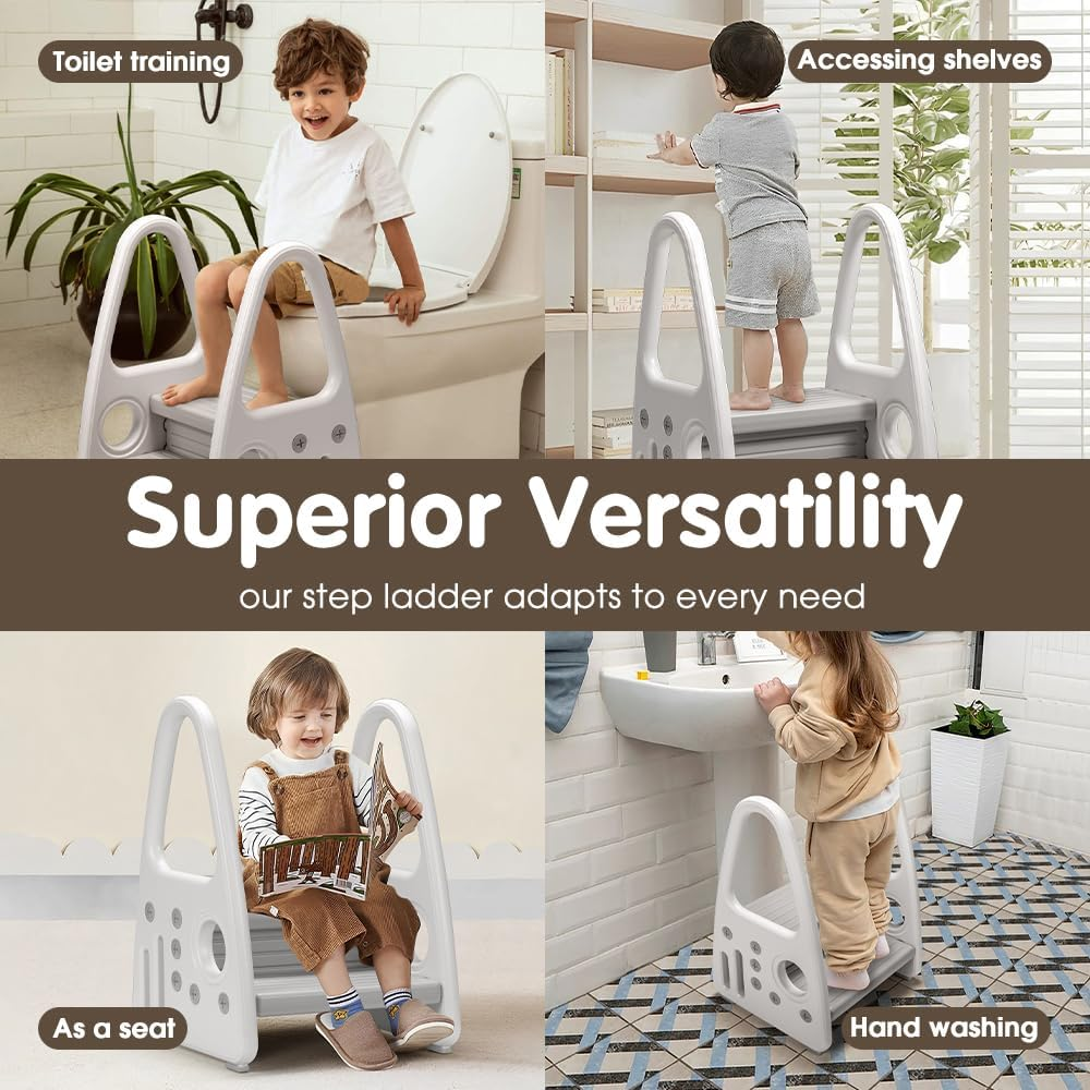 Playpals 2-Step Toddler Step Stool for Bathroom Sink, Kids Toilet Potty Training, Bed & Kitchen Counter Use, Non-Slip Double-Height Toddler Tower with Handle (White-Grey) image number 4