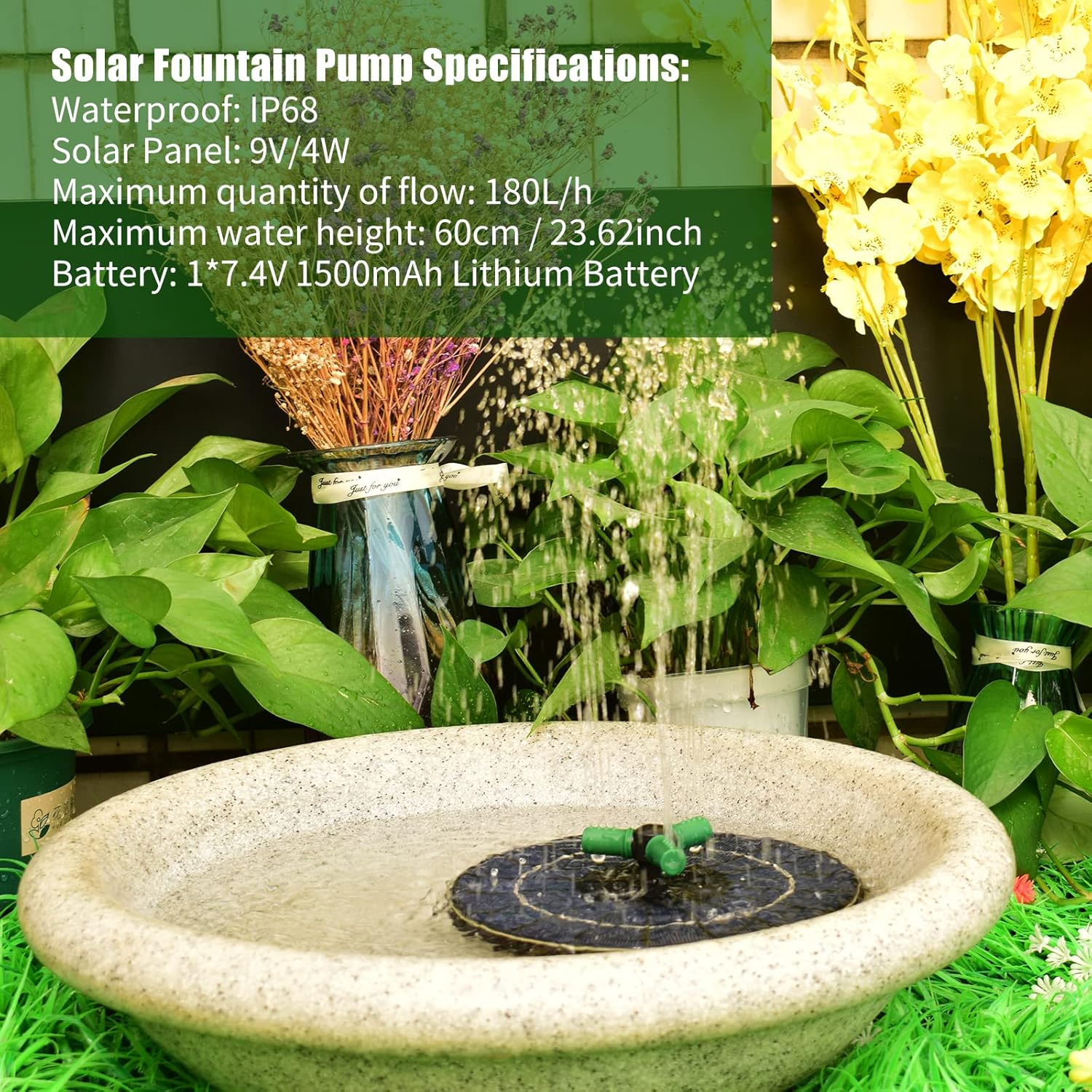 4W Colorful Solar Fountain Pump with 360&deg;Rotatable Nozzle RGB LED Light Solar Water Pump with Battery Free Standing Auto-Shut off Circle Fountain for Bath Garden Small Pond image number 6