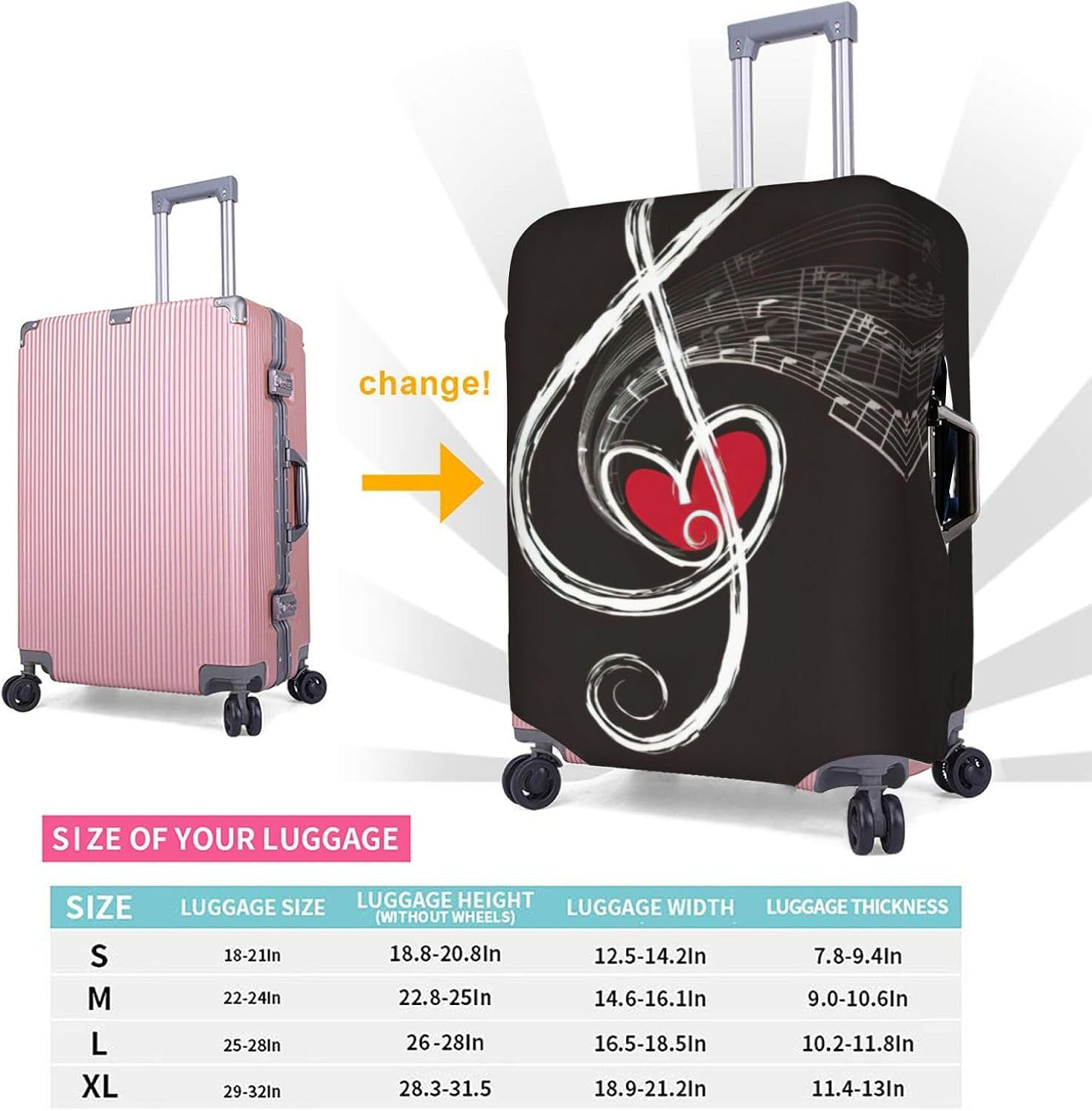 Odddot Music Symbols Love Print Travel Luggage Cover,Suitcase Protector Cover, Washable Baggage Covers,For 18-32 Inch Luggage, Music Symbols Love, Large image number 3