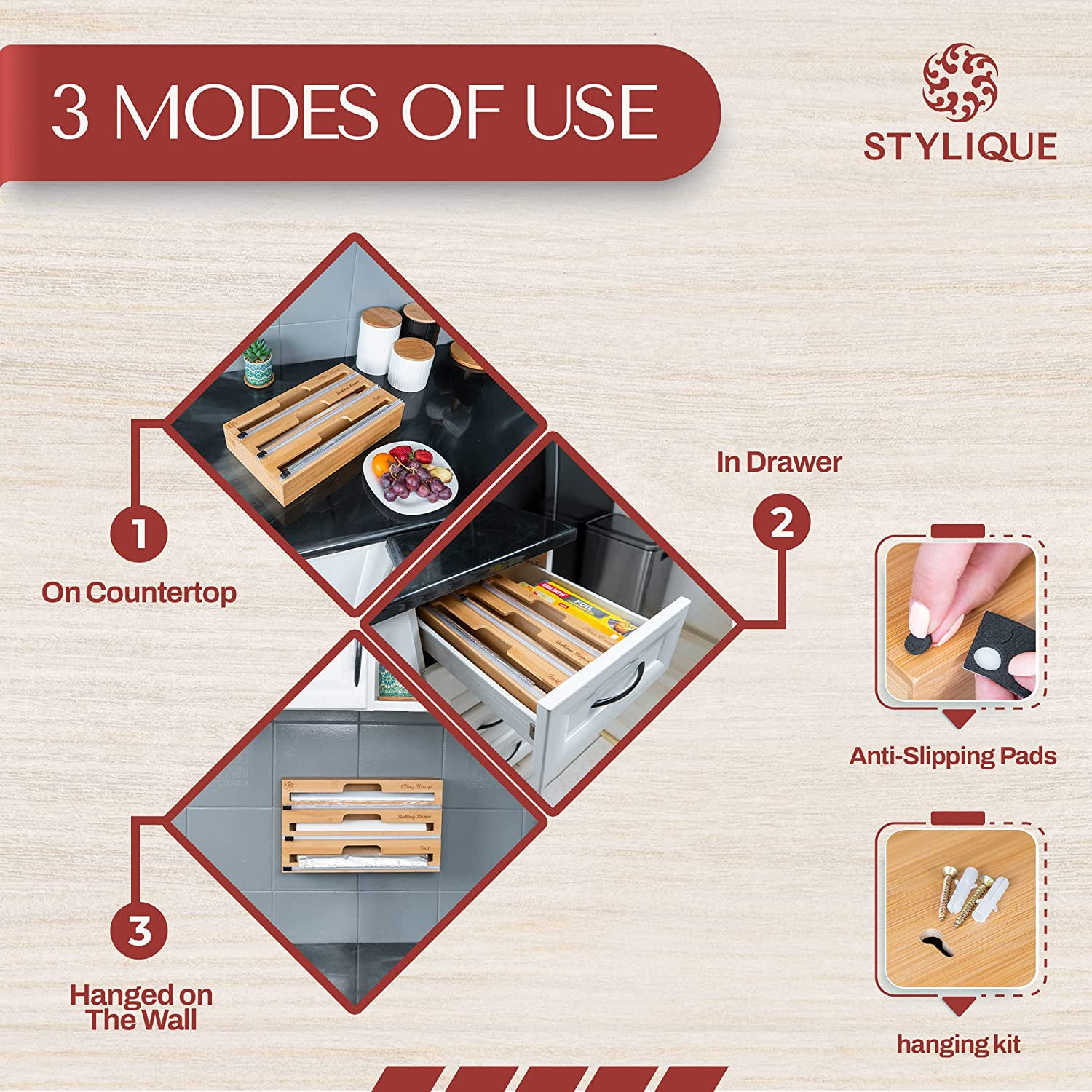 3 in 1 Foil and Cling Wrap Organiser (Aussie Sizes) for Kitchen Storage & Organisation, Cling Wrap Dispenser with Cutter Drawer & Pantry Organiser for Aluminium Foil Baking Paper 33Cm Roll (Natural) image number 4