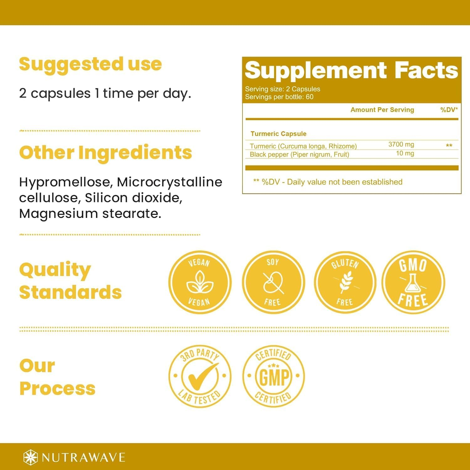 Nutrawave Turmeric Curcumin with Black Pepper Extract &ndash; 3700Mg per Serving (2 Capsules) | Non-Gmo, Vegan, Gluten Free | No Additives, Easy-To-Swallow Capsules image number 1