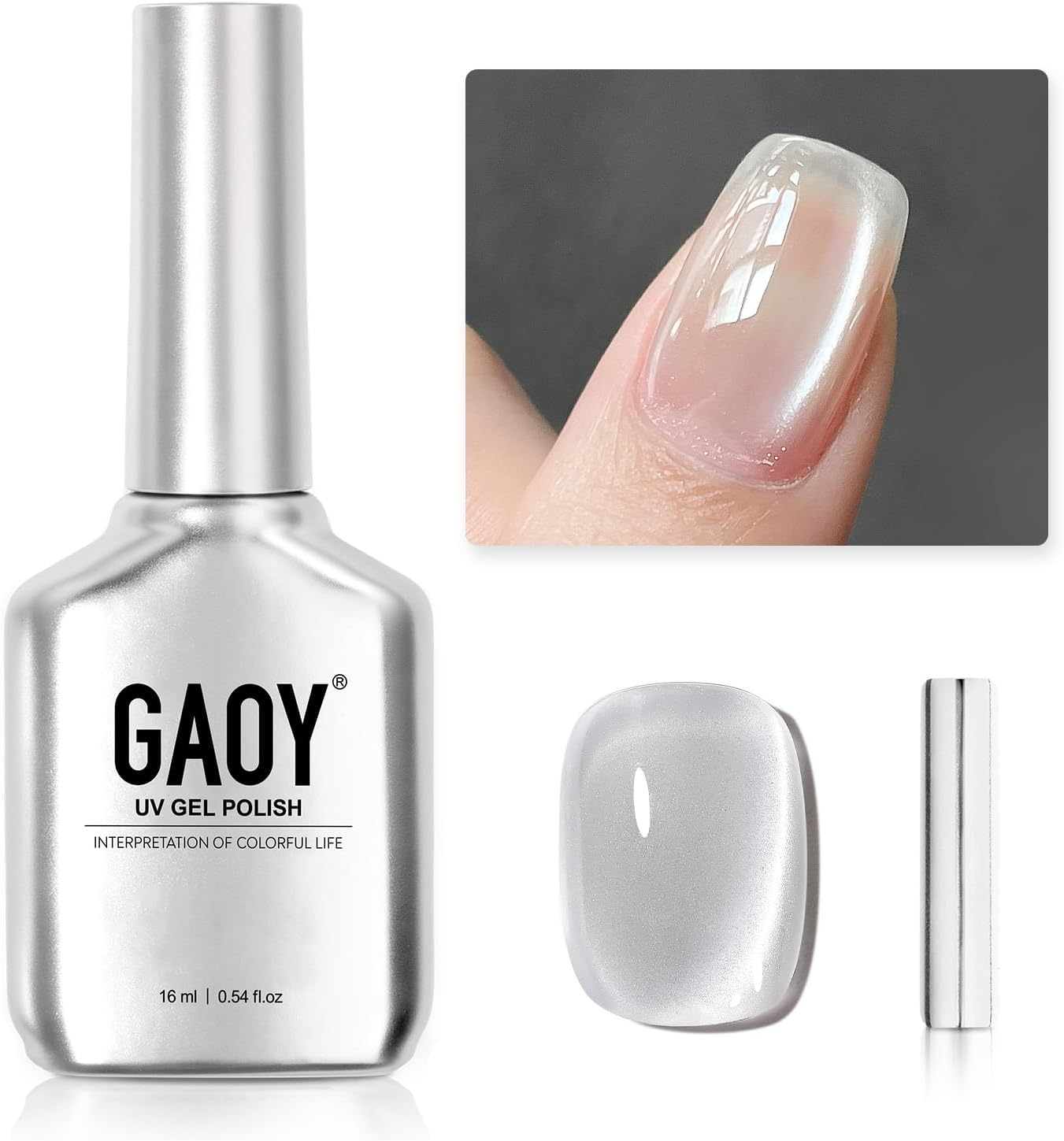 GAOY Glassy Cat Eye Gel Nail Polish, 16Ml Glitter Holographic Gel Polish with Magnet, Reflective Translucent UV Gel, 2341 Silvery Moonlight