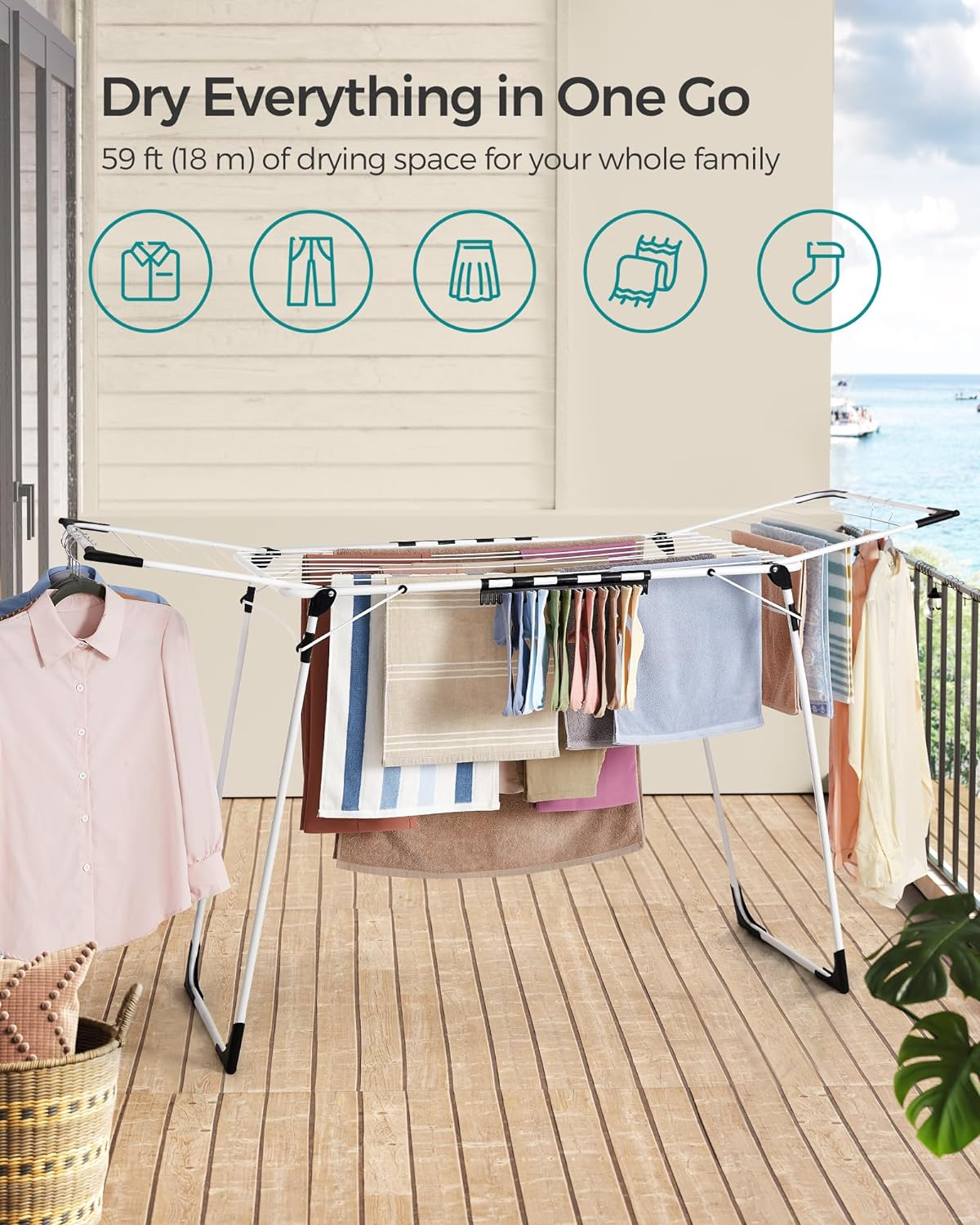 SONGMICS Clothes Drying Rack, 22.2 X 68.1 X 38 Inches Laundry Drying Rack Foldable, Space-Saving, with Gullwings, Sock Clips, Metal Structure, for Clothes, Towels, Linens, White ULLR518W01