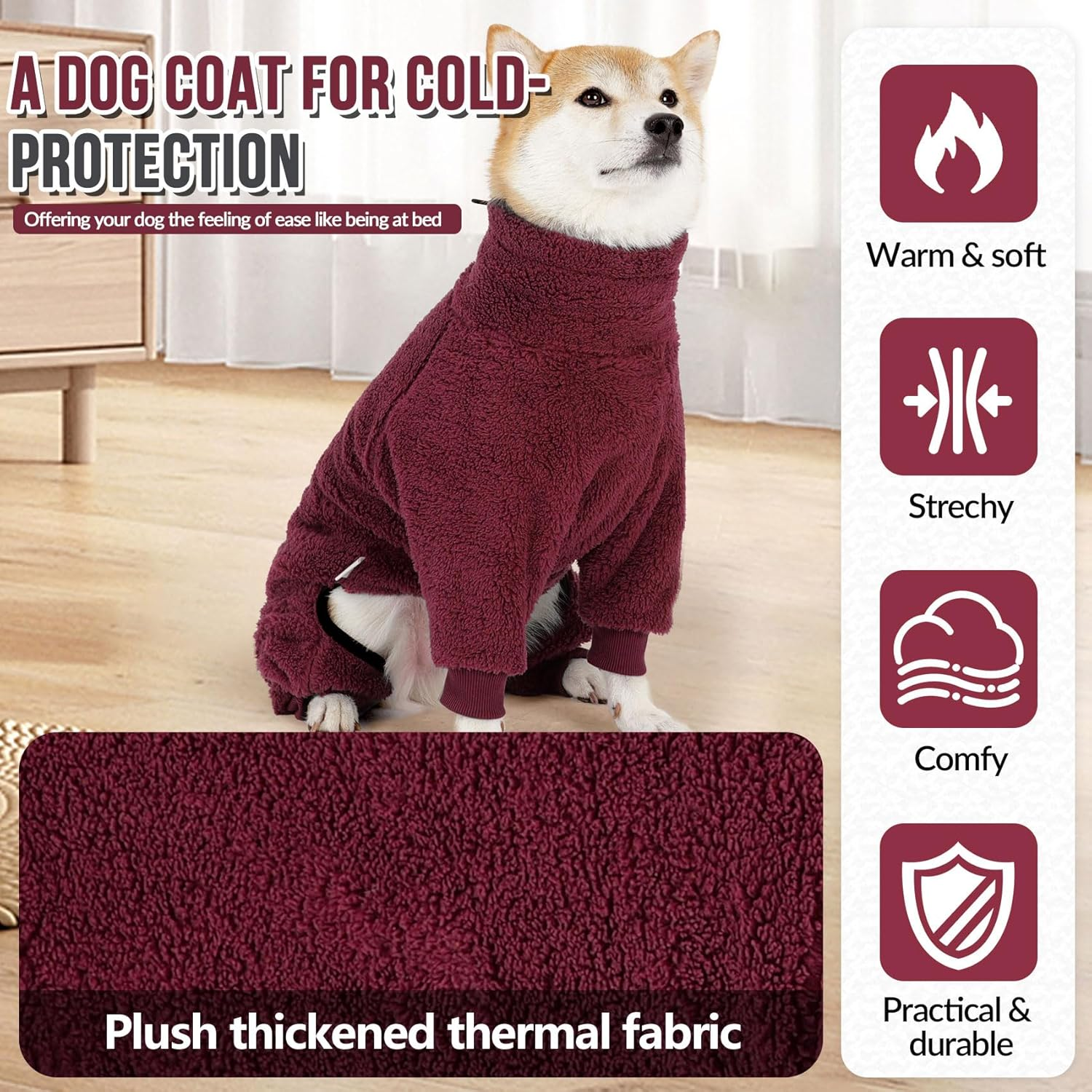 Slowton Dog Winter Coat Fuzzy Pullover Pajamas, Warm Dog Clothes Soft Pet Jumpsuit Indoor Pjs, Windproof Cold Weather Jacket 4 Legged Clothes with Leash Hole for Small Medium Large Dogs image number 2