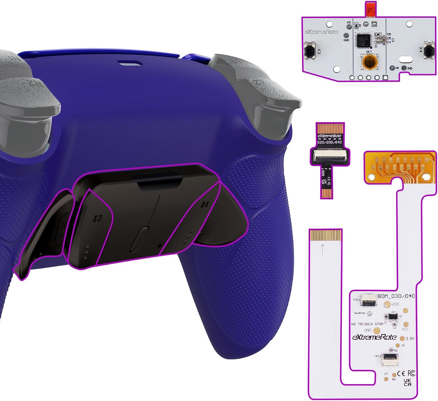 Extremerate Real Metal Buttons RMB RISE4 V3 Remap Kit for PS5 Controller BDM-030 040 050, Redesigned Blue Rubberized Grip Black Bottom Shell Upgrade Board 4 Back Paddles Attachment for PS5 Controller