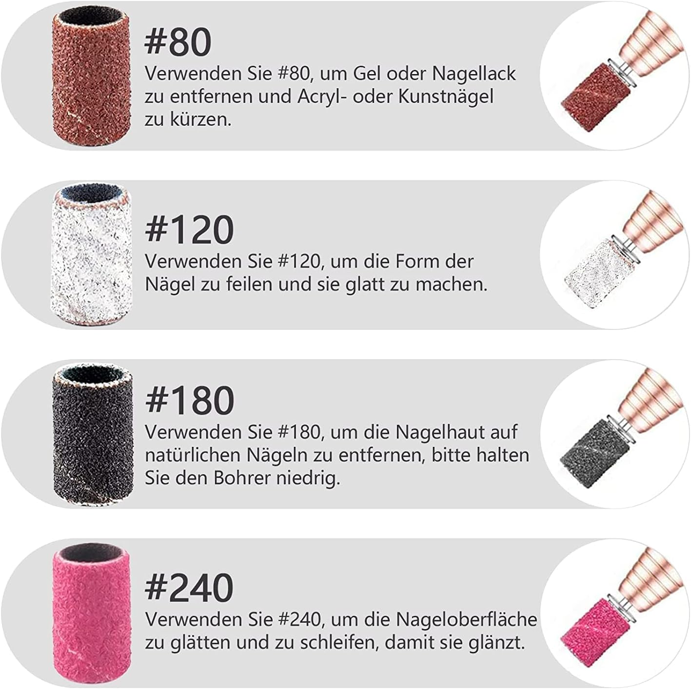 Luckaide Sanding Sleeves Nail Cutter 201 Pieces, Nail Cutter Attachments, Sanding Caps Nail Cutter, 80/120/180/240GRIT Nail Cutter Sanding Sleeves, Bits for Nail Cutter for Manicure Pedicure Nail Care image number 4