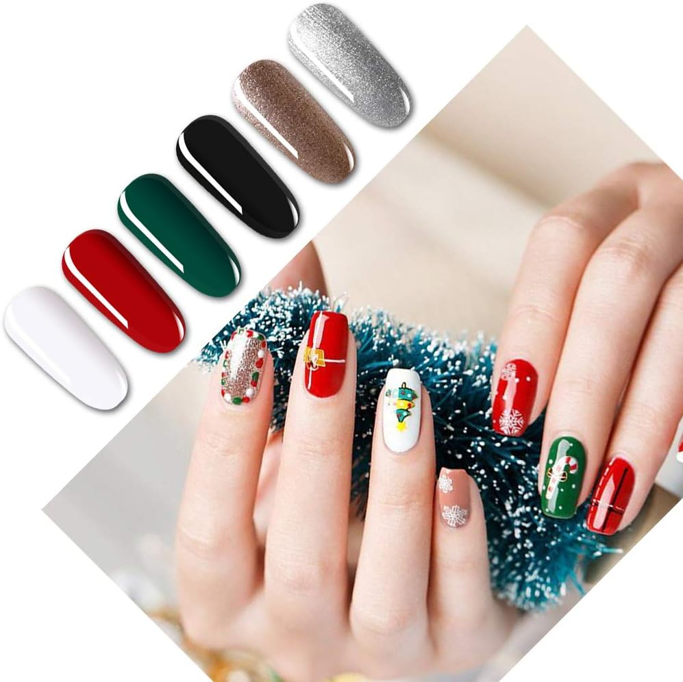 Vishine Christmas Special Edition Series 6 Colors Gel Nail Polish Gift Set (Snow White, Bright Red, Forest Green, Black, Pearl Champagne, Pearl Silver) - Starter Nail Art Kit 8Ml image number 2