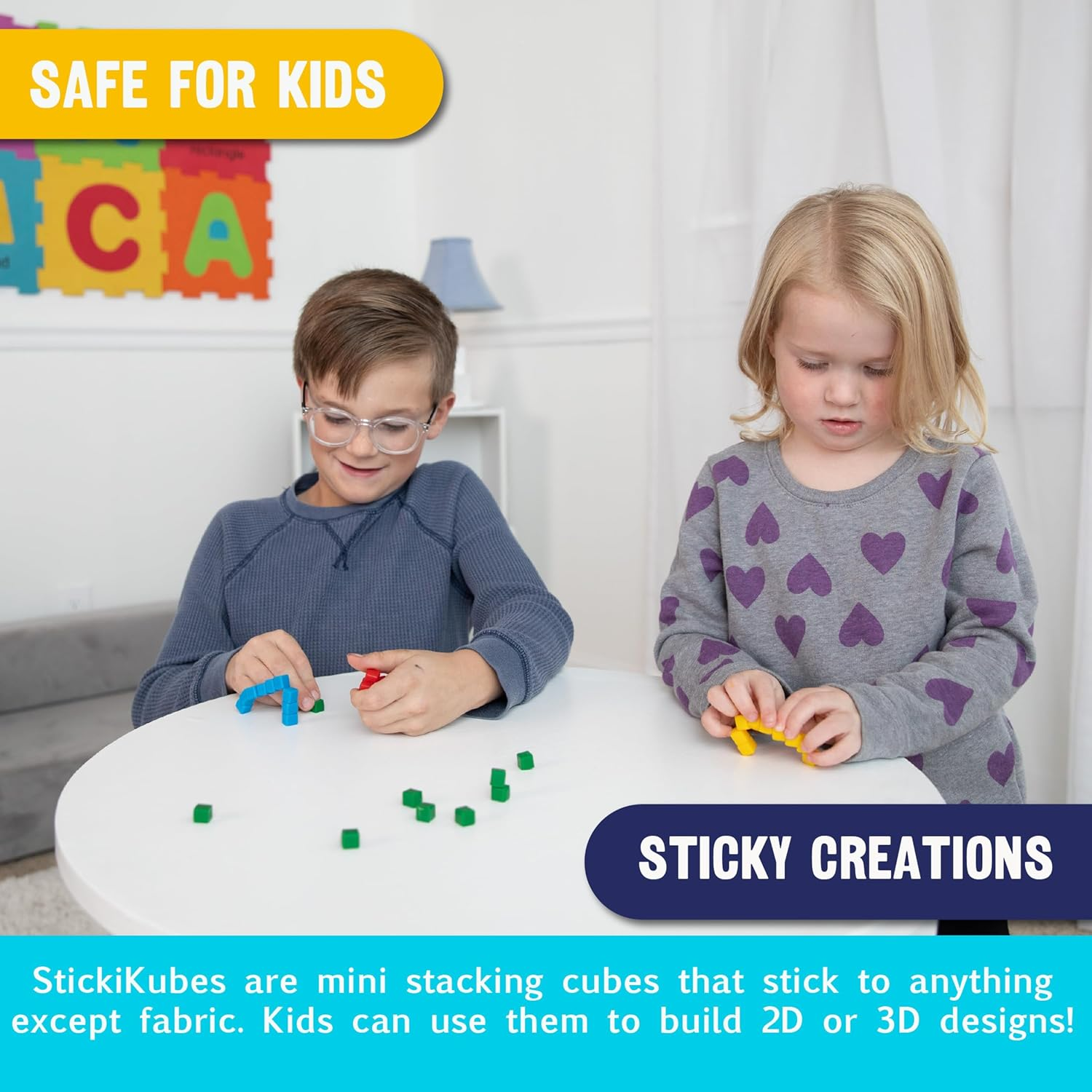 KOMARC GAMES Stickikubes - Mini Stacking Cubes That Stick to Anything - 125 Cubes in 4 Colors - Plastic Tub - Non Toxic Kid Safe image number 1