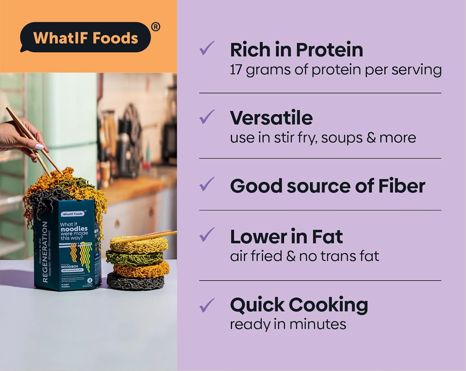 Healthy Instant Bamnut Noodles | Vegan, Air Fried, 17 Grams of Protein & 6 Grams of Fiber | for Ramen, Wok, Soup, Stir Fry | Sweet Hot Flavor | 5 Pack by Whatif Foods image number 5