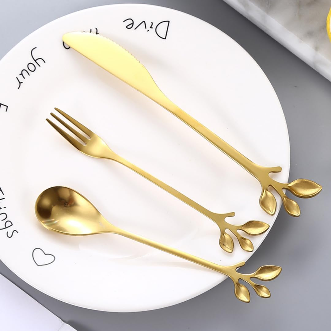 Creative Leaf Tableware Set of 12, 4 Piece Stainless Steel Demitasse Espresso Spoons + 4 Piece Appetizer Fork + 4 Piece Dessert Knives for Bar Caf&eacute; Teaspoons for Cappuccino, Dessert, Fruit, Cake - Golden image number 5