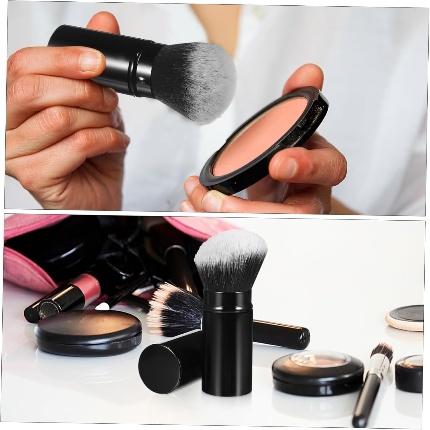 Black Retractable Make-Up Brush, 2Pcs Travel Face Blush Brushes with Cover, Telescopic Make-Up Brush Big Makeup Brushes, Retractable Kabuki Makeup Brushes with Flat and round Top