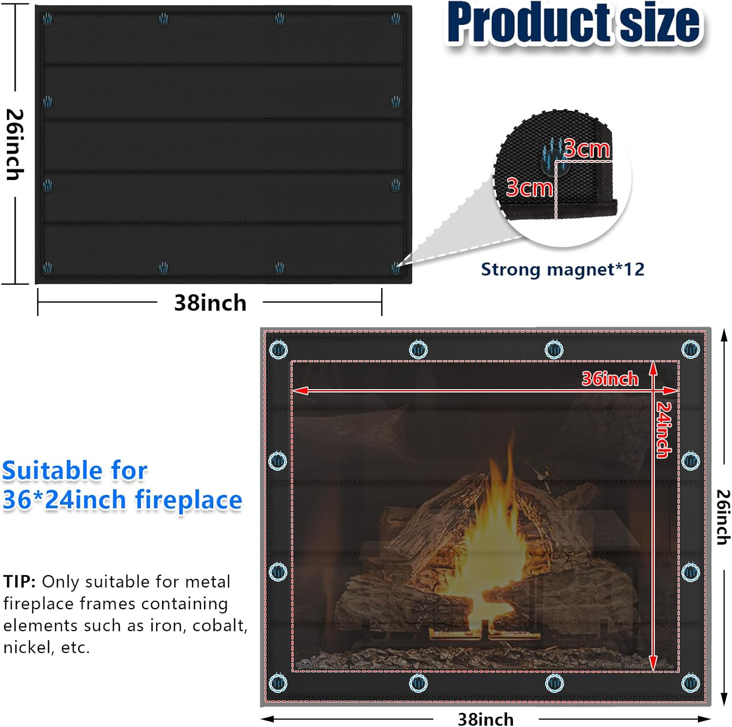 Magnetic Fireplace Blanket for Heat Loss Indoor Fireplaces Covers Keep Drafts Out Fireplace Draft Stopper with Built-In 12 Strong Magnet for Iron Fire Place Frame Fireplaces Screen 38X26 image number 5