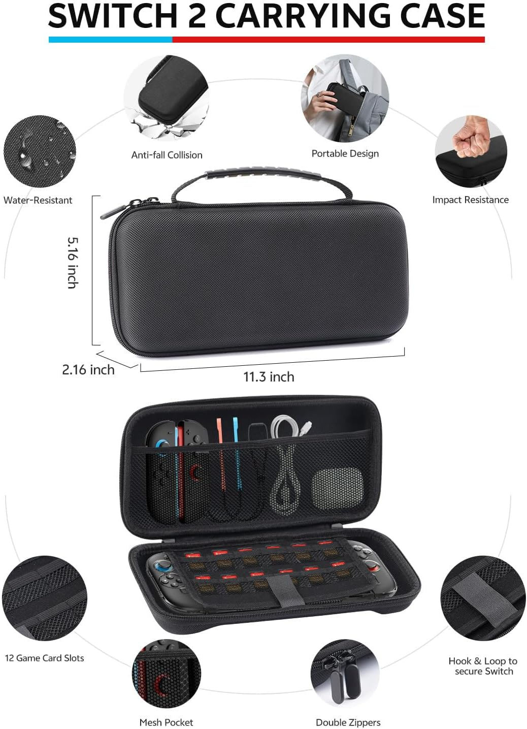 Nintendo Switch 2 Accessories Bundle,16 in 1 Premium Game Kit: Hard Carrying Case with Storage Compartments, 2X Tempered Glass Screen Protectors with Alignment Frame, Steering Wheel for Mario Kart, Ergonomic Grip for Joycon Controllers & Console Protective Cover image number 3