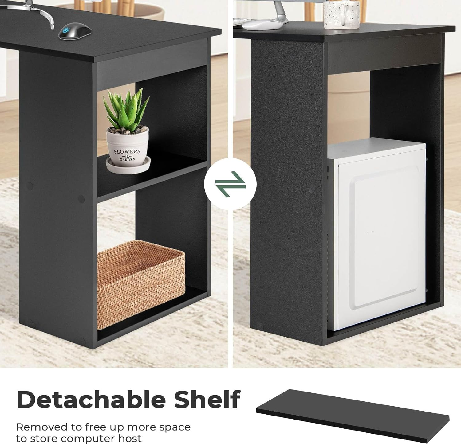 Costway 121.5 Cm Computer Desk with Bookshelf, 3-In-1 Home Office Desk with 4-Tier Bookcase & CPU Stand, Space-Saving Reversible Writing Desk Work Table for Bedroom, Study Room, Office (Black) - Black image number 2