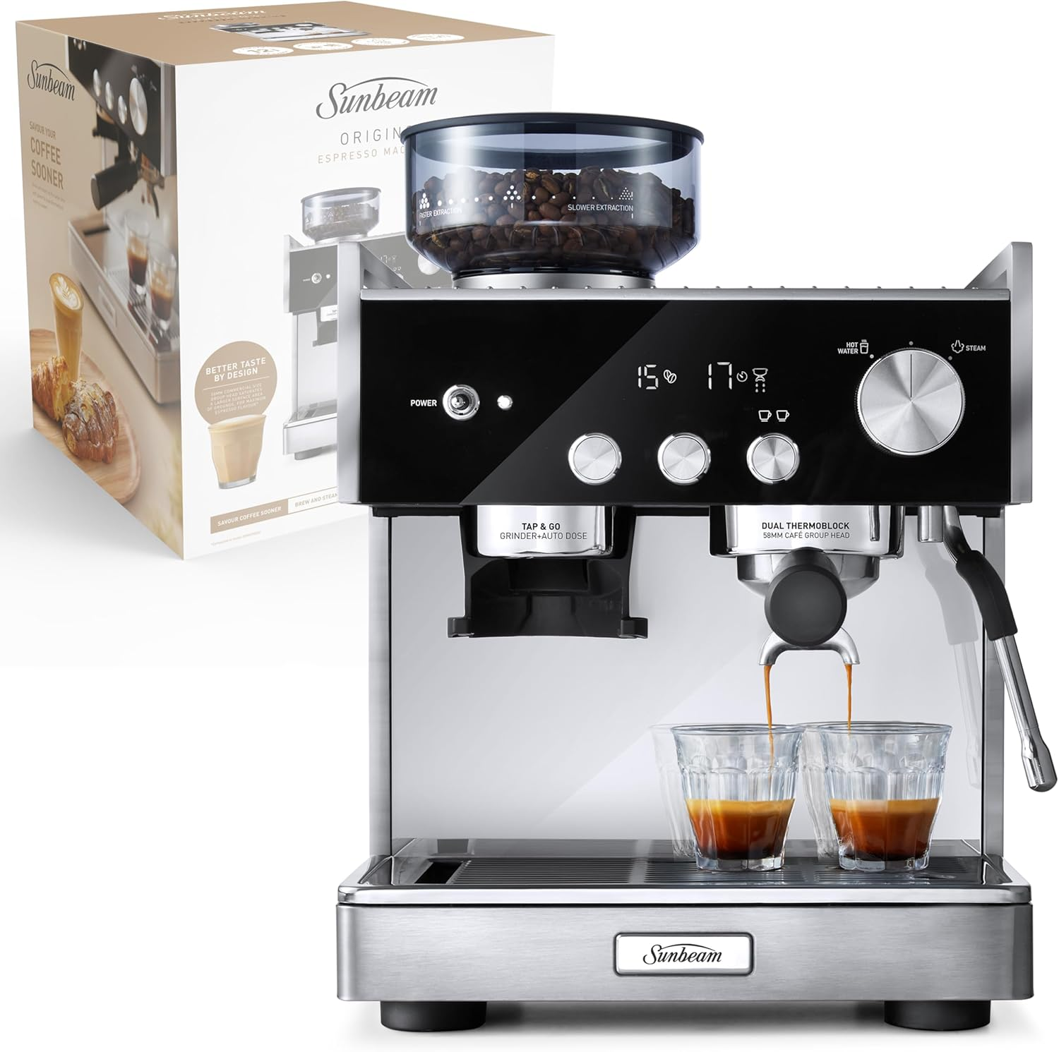 Sunbeam Origins Dual Espresso Machine | Coffee Machine W/Built-In Conical Burr Grinder & Anti-Static Technology, Dual Thermoblock System for Simultaneous Brewing & Steaming, Stainless Steel EMM7300SS image number 5