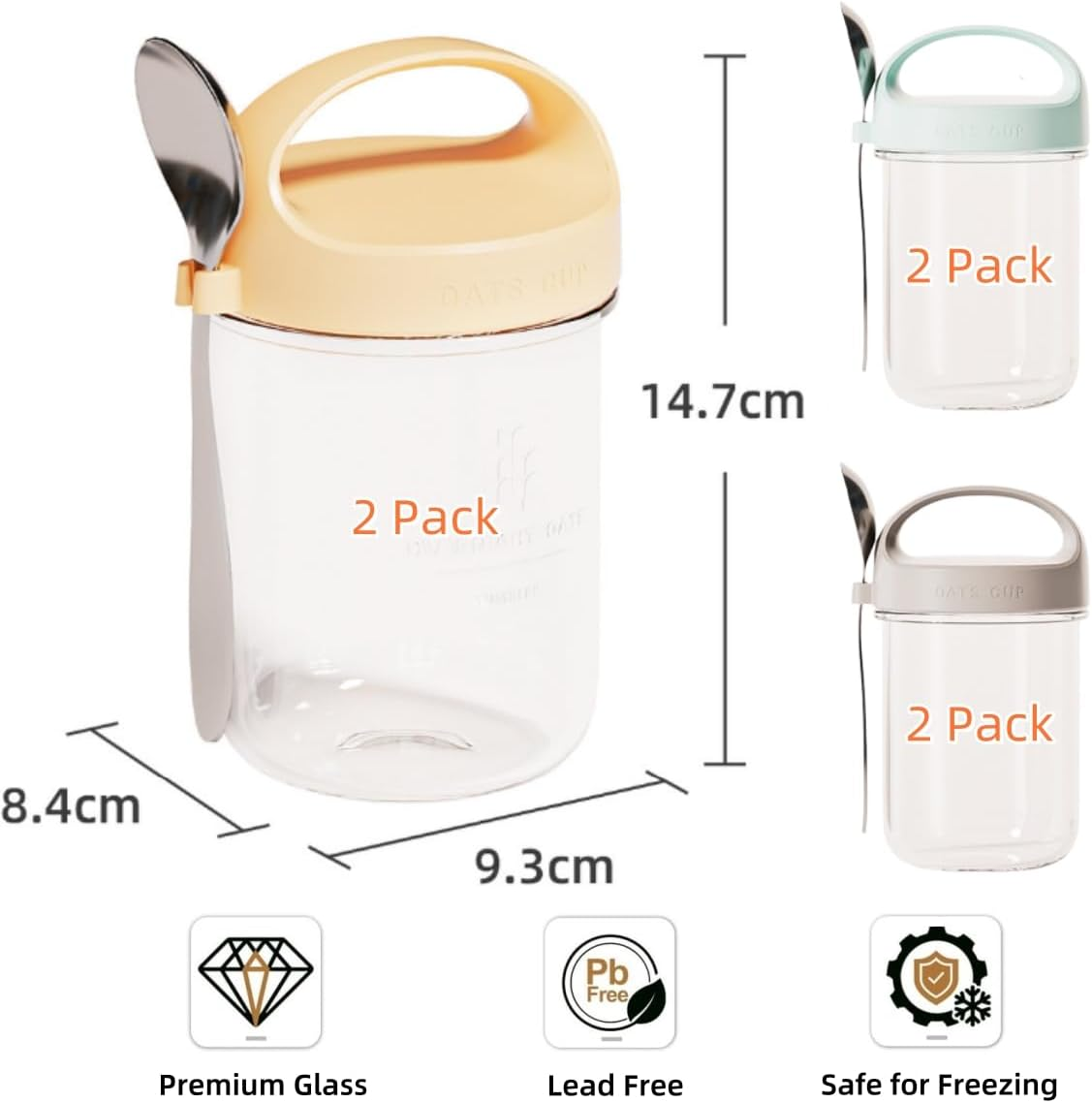 Kitment 6Pack Overnight Oats Container Jars, Oatmeal Containers with Handle, 15Oz/430Ml Glass Mason Airtight Jars for Cereal, Yogurt, Milk, Vegetable, Fruit, Salad image number 1