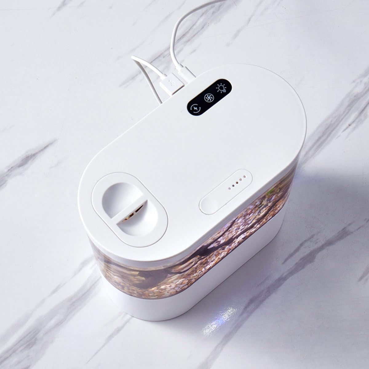 AIMALL Mini Desktop Aquarium with Self-Circulating System, USB Charging, One-Click Water Change, LED Light Control - Ideal for Small Fish, 8.30 X 4.29 X 7.55 Inches - Blue image number 3