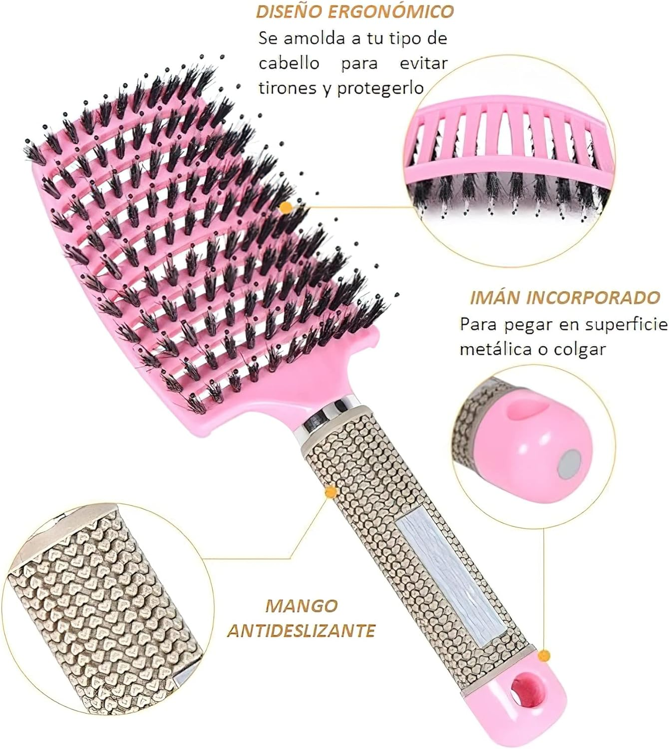 Hair Brush + 5 Scrunchies - anti Pull - Massage Effect - Detangling Comb - Jabali Bristles - All Hair Types (Pink) image number 6