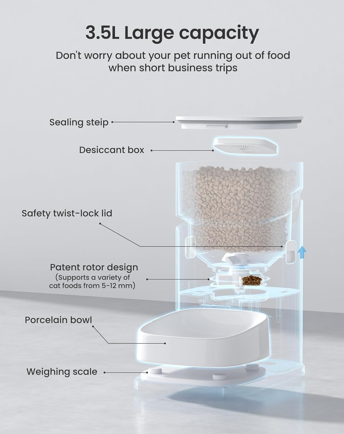 PETGUGU Smart Automatic Cat Feeder, 3.5 Liter Automatic Dog Feeder with Video and Voice Call, Ceramic Bowl, Customized Timed Feeding, Easy Removal for Cleaning (PF2)