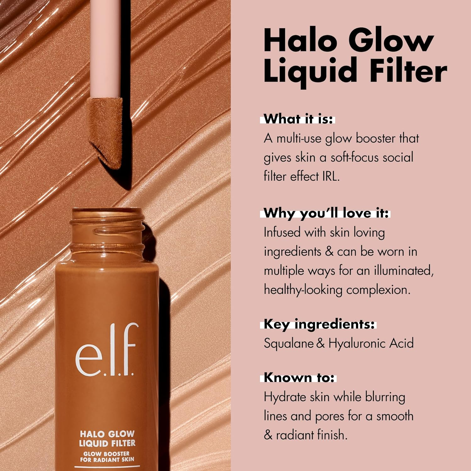 E.L.F. Halo Glow Liquid Filter, Complexion Booster for a Radiant, Soft Focused Look, with Hyaluronic Acid, Vegan and Cruelty Free, 7 Deep/Rich image number 6