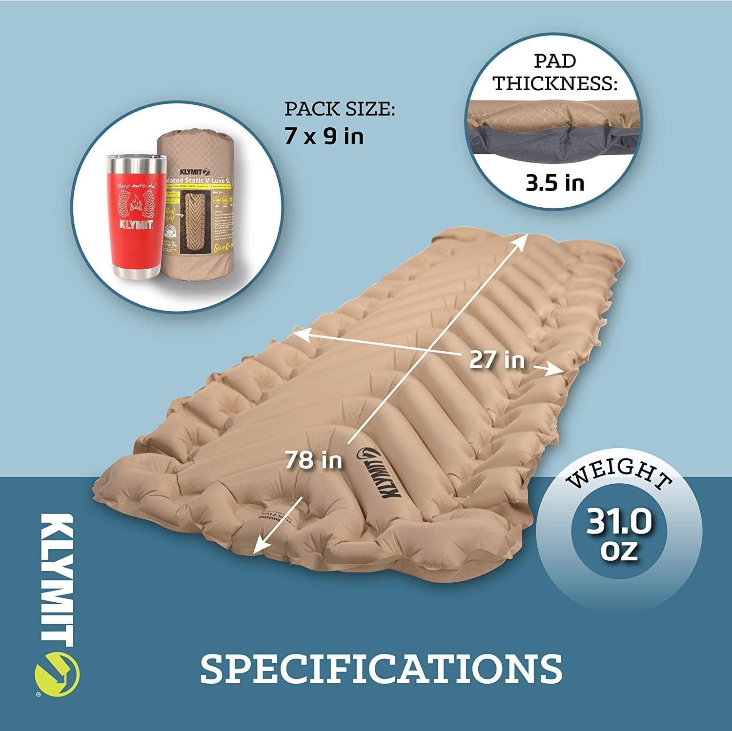 KLYMIT Static V Luxe SL, Sleeping Pad, Extra Wide, Best Comfort for Car Camping, Travel, and Backpacking image number 4