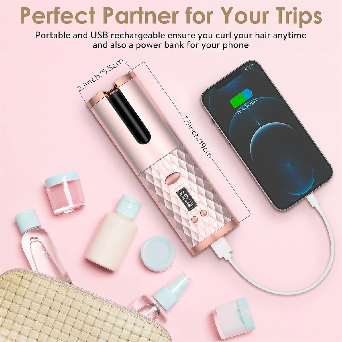 Automatic Hair Curler, Cordless Hair Curler LCD Display and Timer, Portable Wireless Curling Iron, USB Rechargeable Curling Wand, Fast Heating and Auto Shut Off image number 6