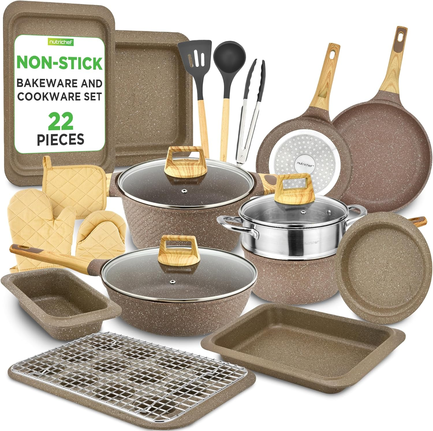 Nutrichef 22-Piece Cookware and Bakeware Set | Professional Home Kitchen Collection with Multi-Sized Pots, Pans, Non Stick and Heat-Resistant Tools (Moon Grey Marble)