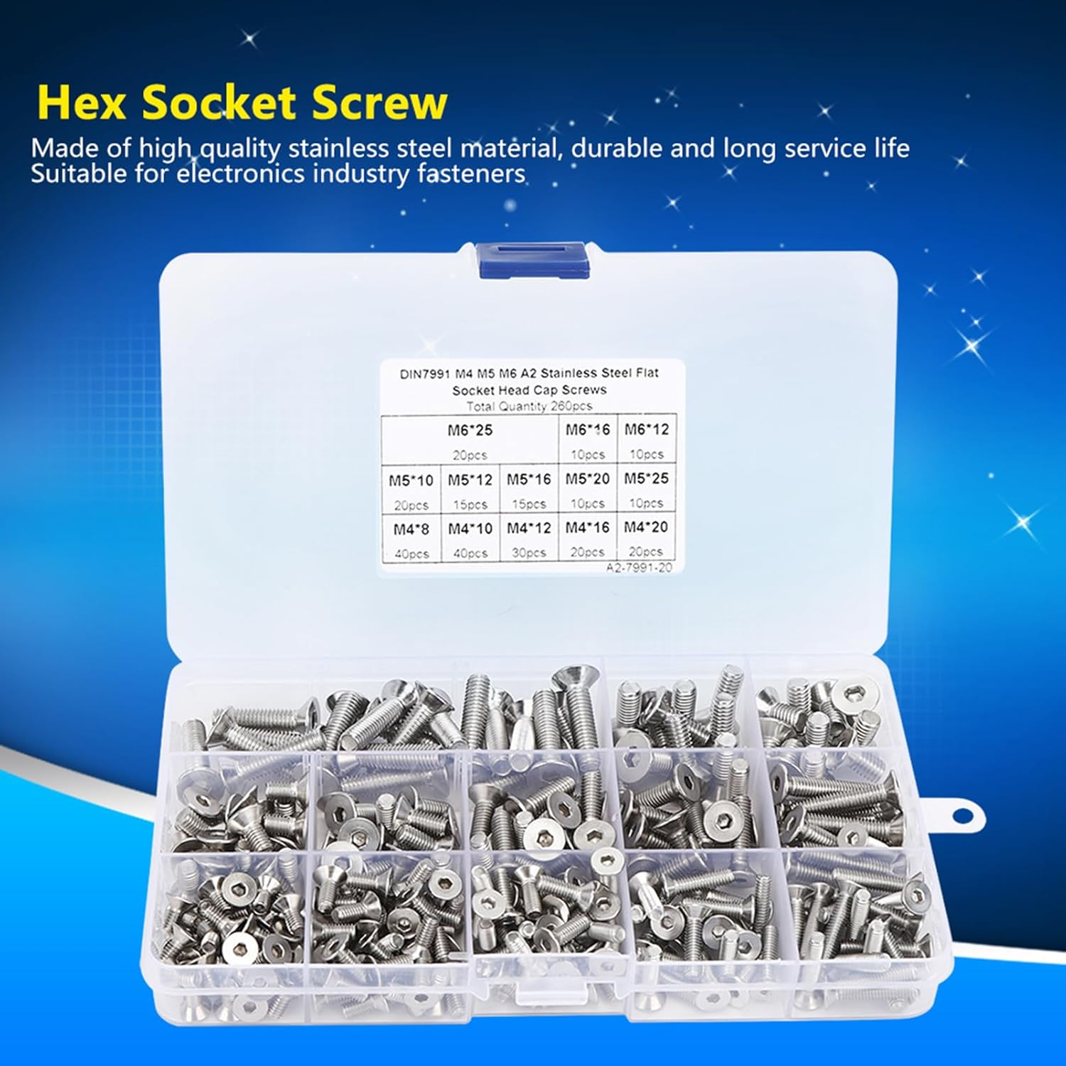 260 Pieces Flat Screw Set M4/M5/M6 Hex Socket Screw, 304 Stainless Steel Hex Socket Countersunk Head Screw for Electronics Industry