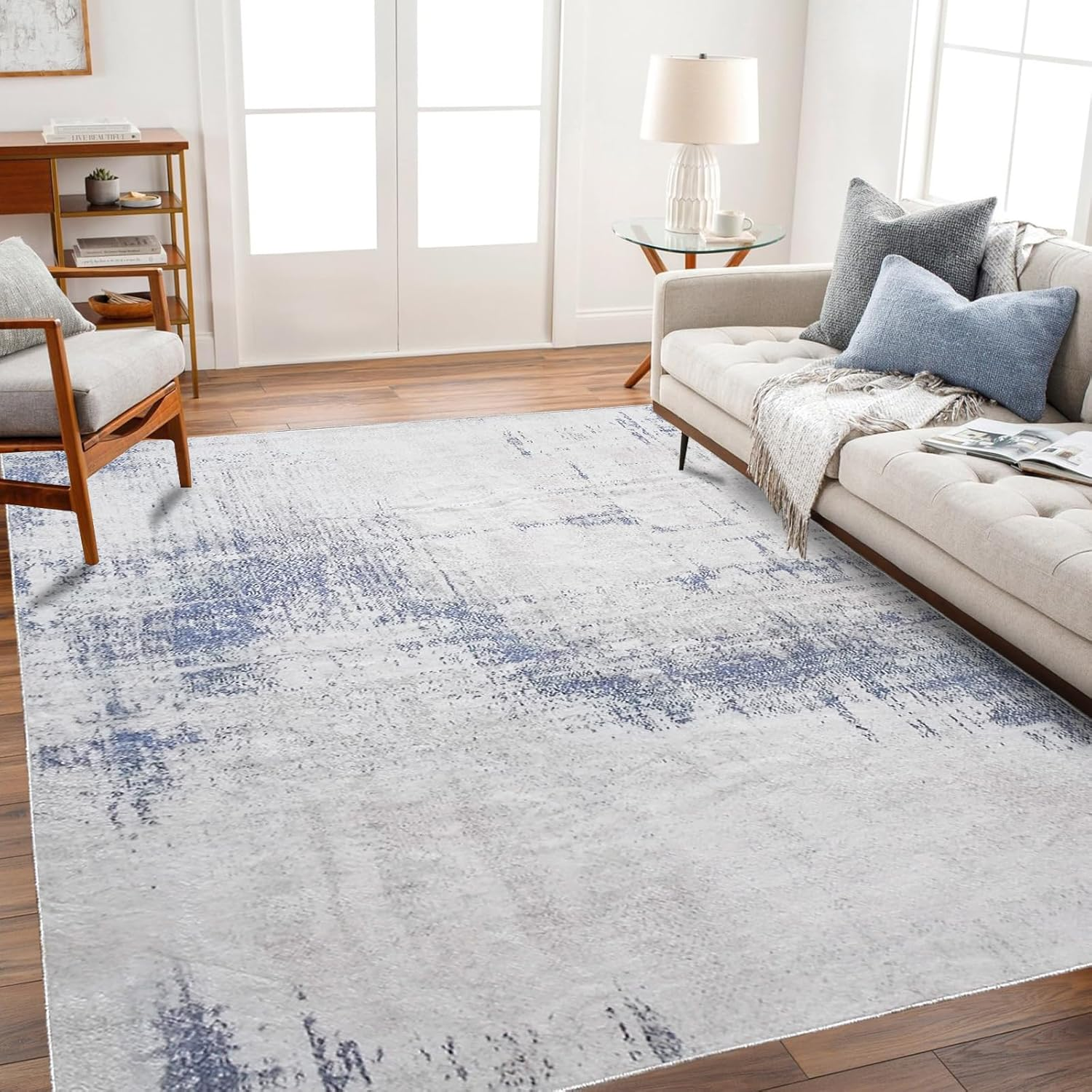 Leesentec Area Rugs for Living Room Non-Slip Machine Washable Rugs for Bedroom Low Pile Blue Rug Distressed Carpet for Kitchen Dining Room Home Office Indoor Floor Mat (Blue/Beige/Grey, 200 * 250 Cm) image number 3