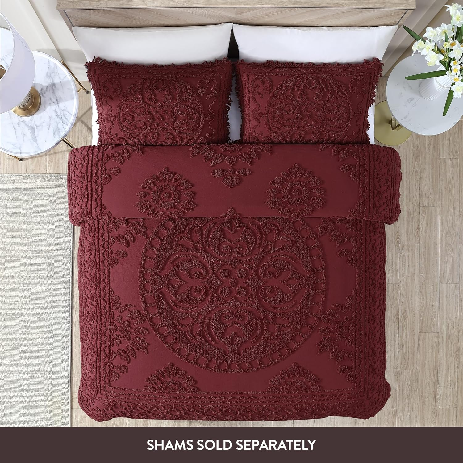 Beatrice Home Fashions Medallion Chenille Bedspread, Queen, Burgundy image number 5