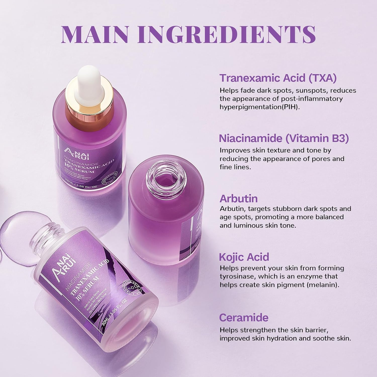 ANAI RUI 10% Tranexamic Acid Serum with Niacinamide,Kojic Acid, Arbutin,Ceramide, for Uneven Skin Tone 1.05 Fl.Oz image number 2