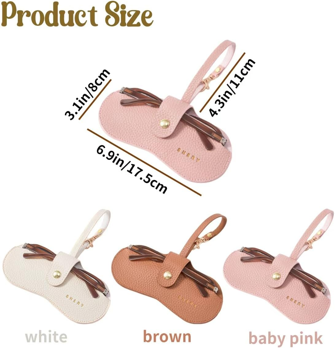 3 Pack Soft Leather Sunglasses Bag, Portable Eyeglass Case Holder Slim Glasses Pouch with Button Clip Wrist Strap, Eyewear Sleeve for Women Men (Beige, Pink, Brown) image number 3