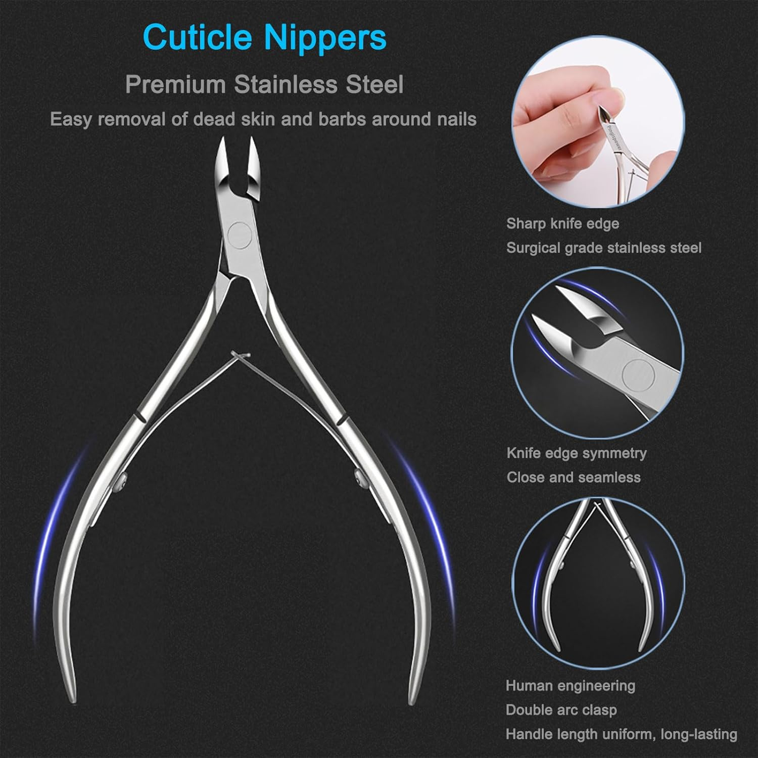 9PCS Cuticle Nippers with Cuticle Pusher Set, Professional Stainless Steel Cuticle Remover Trimmer Fork and Cutter Nail File Buffer Manicure Tools Perfect for Fingernails and Toenails, Travel, Gift image number 4