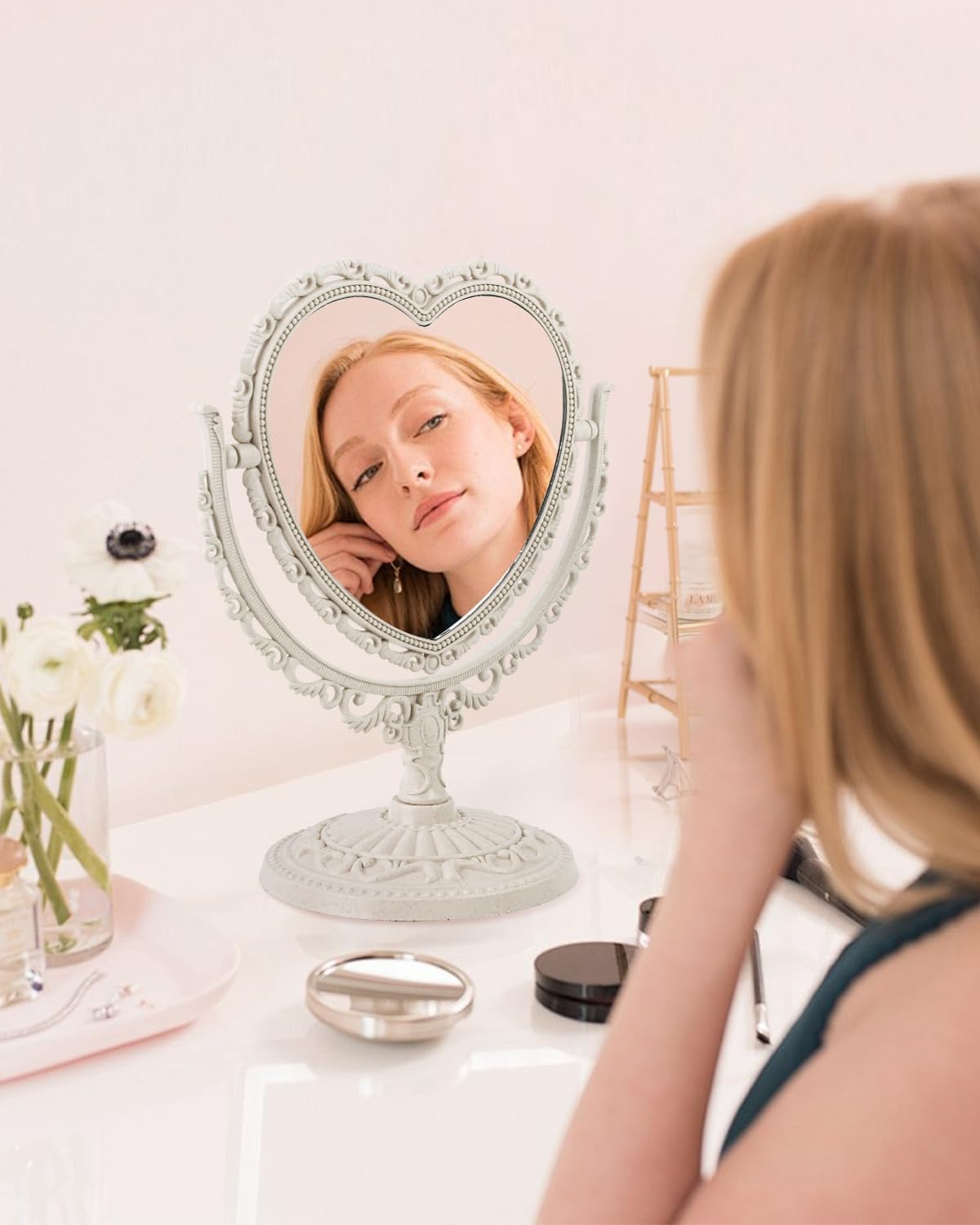 D&X 7-Inch Heart Mirror 360 Degree Rotation Double Sided Magnifying Makeup Mirror,One Side with 3X Magnification Bathroom Bedroom Vanity Mirror(Beige, Heart-Shaped) image number 1