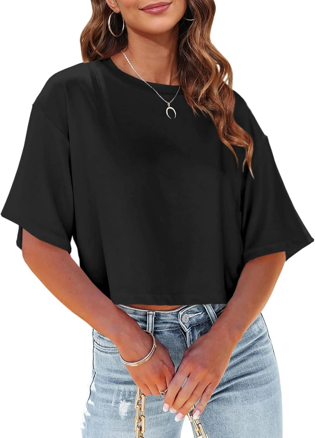 Fisoew Women Half Sleeve Cropped T-Shirts Drop Shoulder round Neck Crop Tops Casual Summer Solid Color Basic Tees