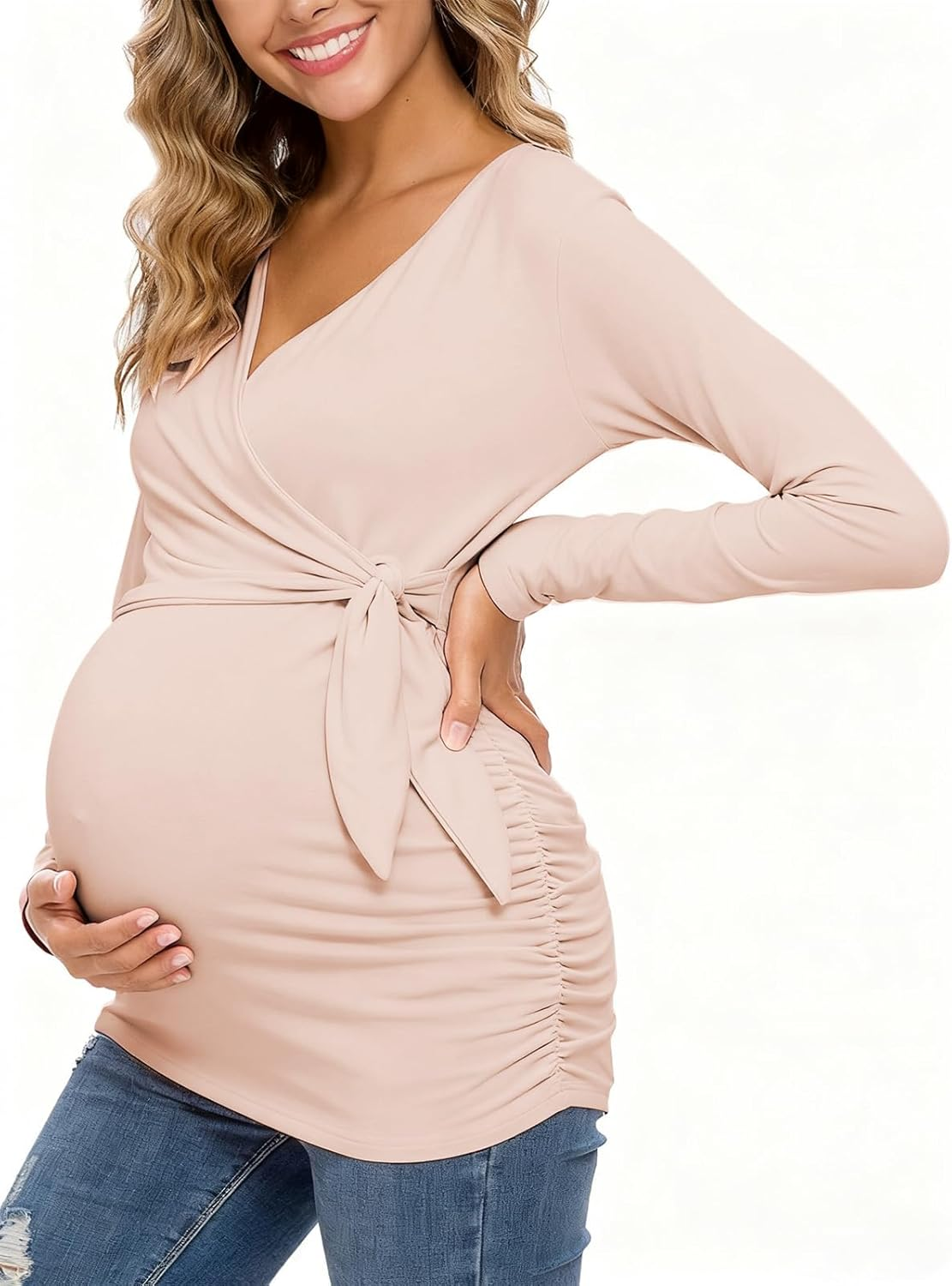 Eztree Womens Maternity Tops Long Sleeve Cinched-Waist Hoodie Pregnancy Clothes image number 5