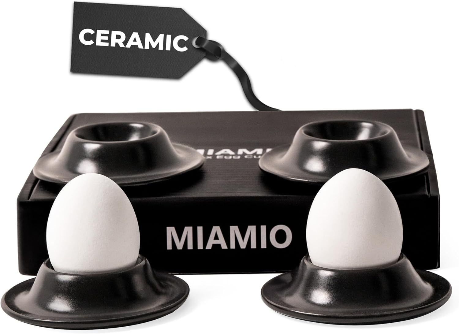 MIAMIO &ndash; Egg Cups 4-Piece Ceramic Set, Stoneware Egg Cups with Tray for Eggshells, Breakfast Egg Cup in Restaurant Quality &ndash; Dishwasher Safe (White)