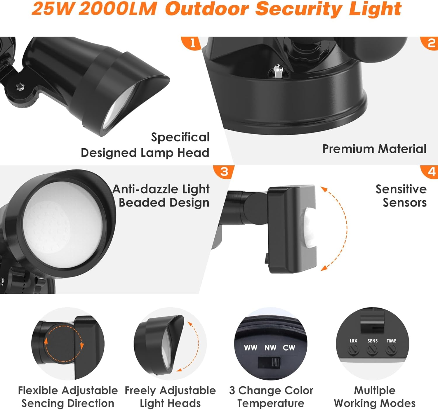 ALUSSO 25W LED Outdoor Security Light with Motion Sensor, PIR Light IP54 Waterproof outside Floodlight,3000K 4000K 6500K 3 Colors Adjustment,Suitable for Porch, Garage, Courtyard image number 1