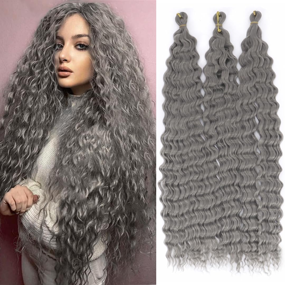 YEESHEDO 3 Packs Ocean Wave Crochet Hair Extensions for Women,Long Deep Wavy Gray Silver Curly Synthetic Hair Boho Braids Locs Crochet Hair,22Inch image number 4