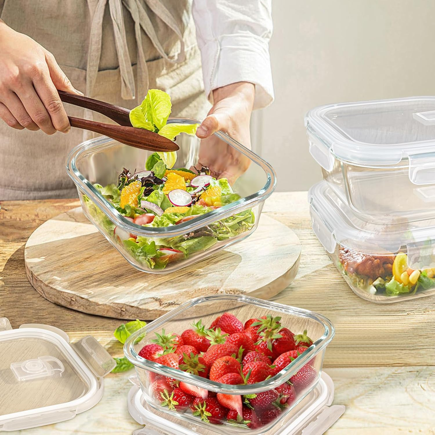 Glass Food Storage Containers 24 Oz, Small Glass Meal Prep Containers, Oevn, Microwave & Freezer Safe Glass Containers with Lids, 3 Cup Glass Containers for Salad, Soup, Lunch, Kitchen, Travel, 4 Pack