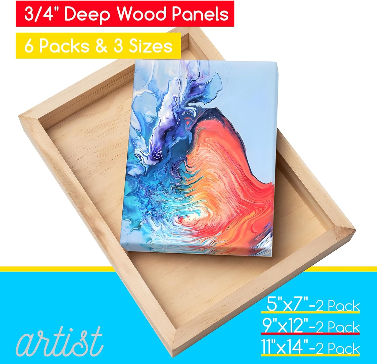 MEEDEN Unfinished Wood Canvas Kit: 3/4" Deep 5X7 8X8 11X14 Wooden Canvas Panel - 6 Pcs of Cradled Wood Art Boards for Pouring Art, Crafts, Painting image number 6