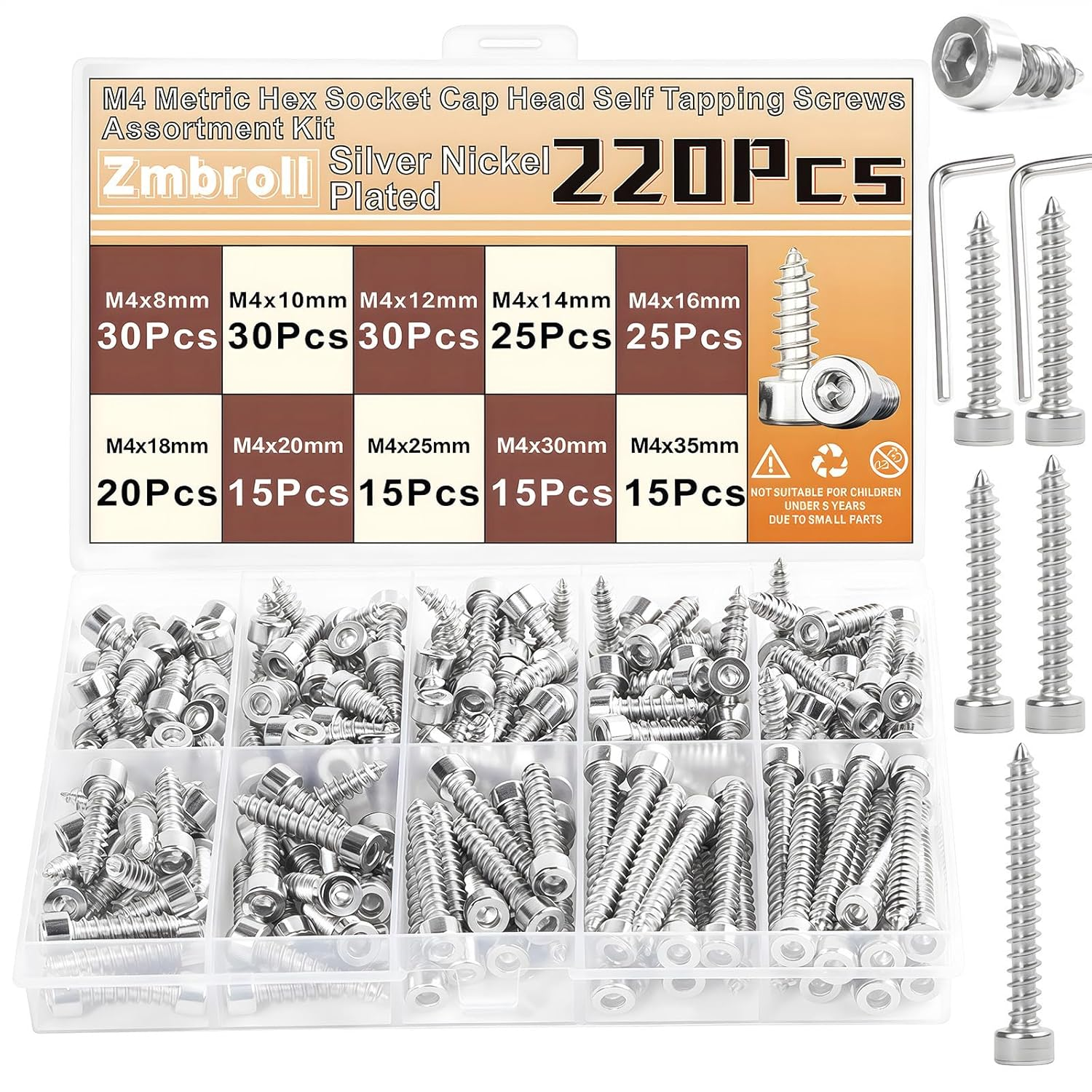 Zmbroll Hex Socket Head Cap Self Tapping Screws M4X8/10/12/14/16/18/20/25/30/35Mm Grade 8.8 Silver Nickel Plated 220Pcs M4 Hex Socket Drive Allen Head Sheet Metal Wood Screw with Wrenches image number 3