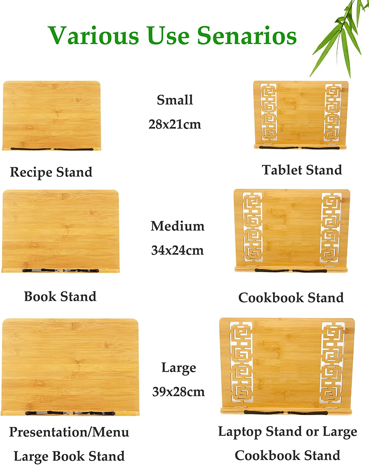 Desktop Bamboo Book Stand with Adjustable Six Angles, Portable Cookbook Stand with Flexible Page Holder Clips, Recipe Stand, Foldable Reading Holder Stand (Medium, Size: 34 X 24 Cm) image number 5