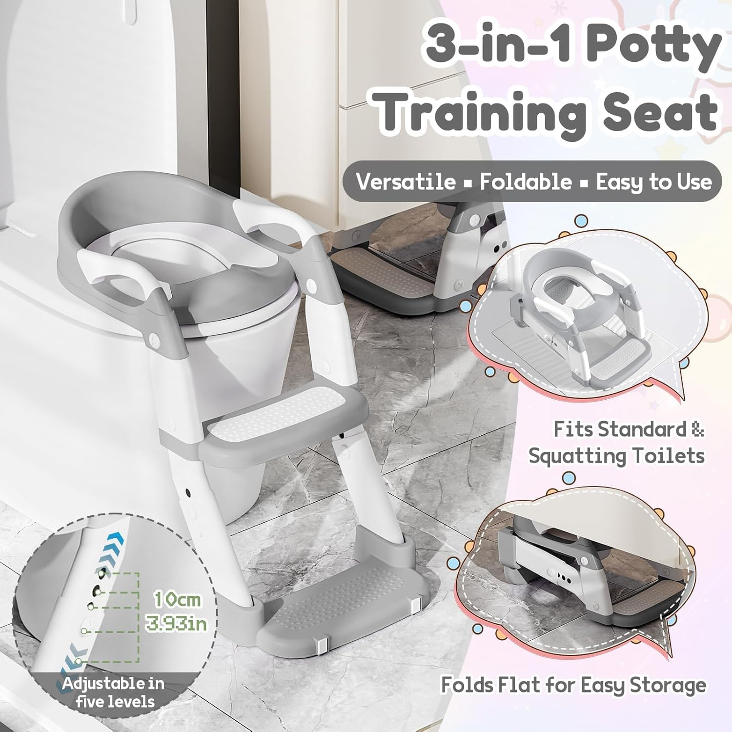 Multifunctional Toddler Potty Trainer with Adjustable Stool, 3-In-1 Potty Seat Cushion, and Step Ladder. Foldable Design with 5 Height Settings, Cushion Seat, and Non-Slip Base (Gray) image number 2