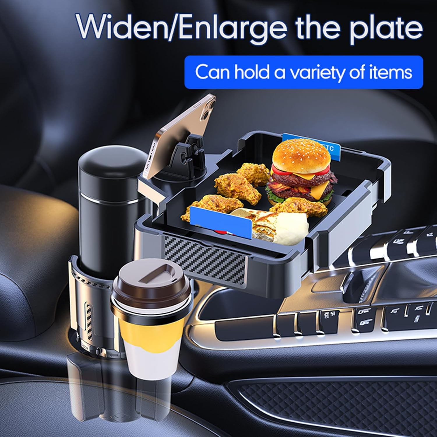 Eacam Car Cup Holder Expander - 4 in 1 Automotive Cup Attachable Tray with 360&deg; Rotation, Detachable Tray Table with Phone Holder, Dual Cup Holder