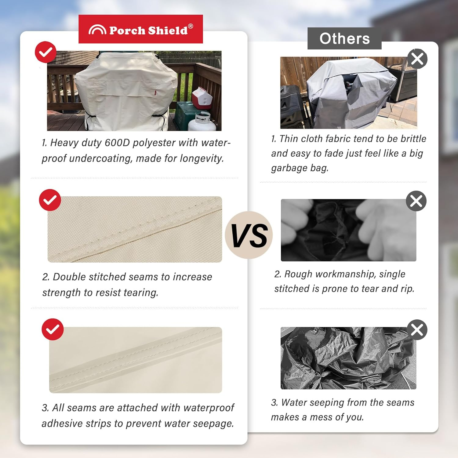 Porch Shield 50W X 24D X 46H Inch Premium Gas Grill Cover up to 48 Inch - Waterproof 600D BBQ Covers for Weber, Brinkmann, Char-Broil and More, Light Tan image number 6